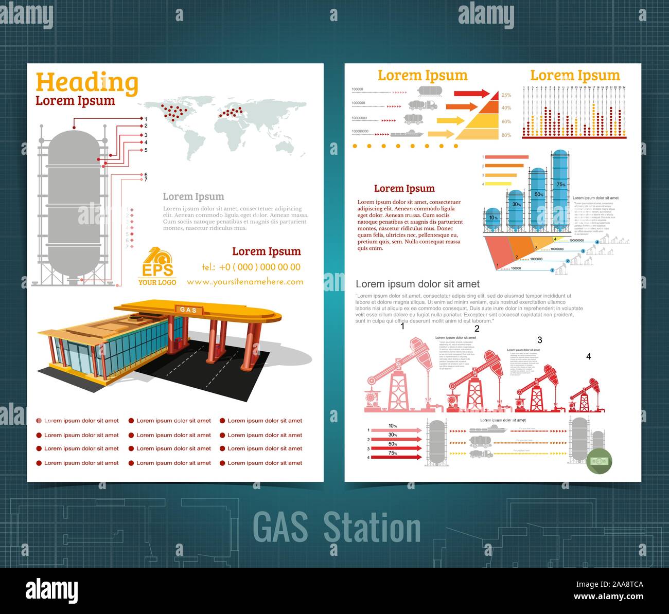 Two sided business brochure or flyer, gas station infographic realistic gas station with abstract diagrams and transport Stock Vector