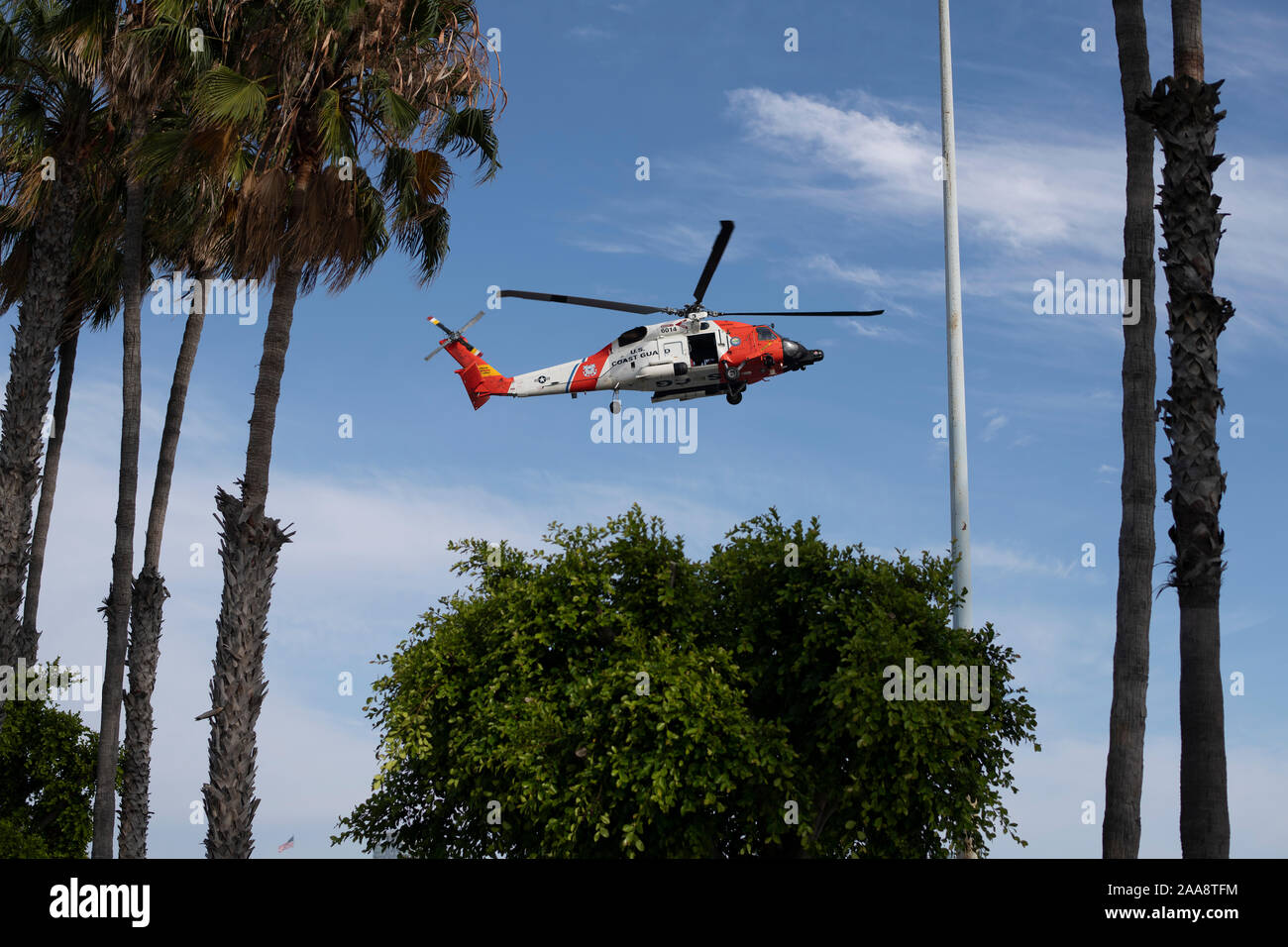 Coast Guard Helicopter landing in a metropolitian area Stock Photo