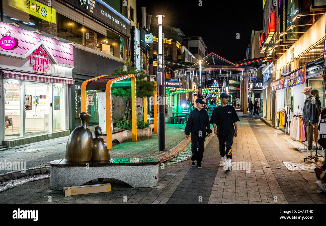 Andong Korea , 27 September 2019 : Andong culture shopping street at night with Asian people in Andong South Korea Stock Photo
