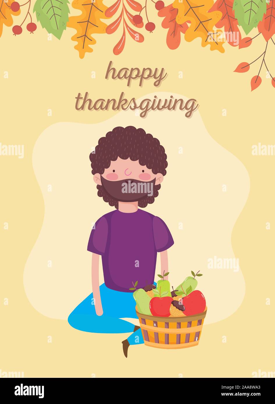 happy thanksgiving day man sitting with basket filled fruits vector ...