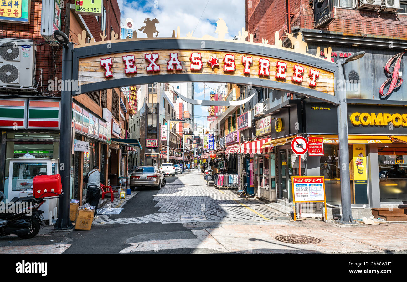Busan Korea , 3 October 2019 : Texas bars street view with entrance