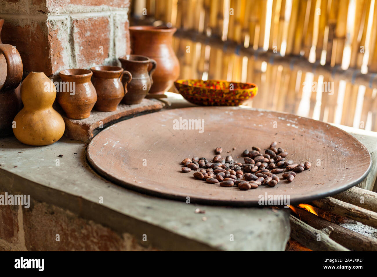 Roasting raw cocoa beans on a large plate on a primitive stove. Traditional Chocolate making in