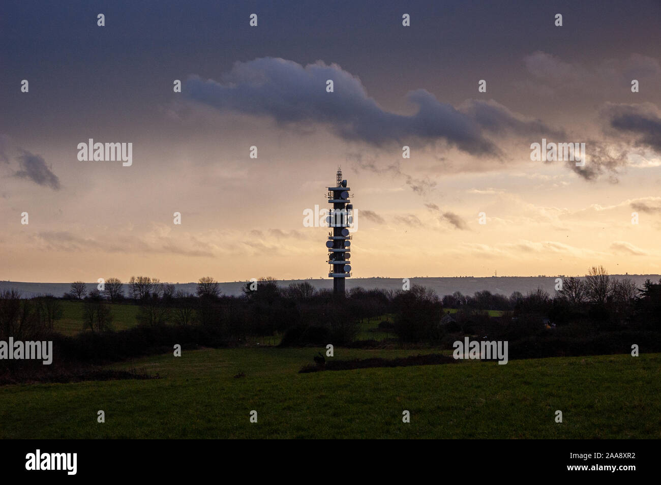 The Purdown BT microwave network transmitter rises from parkland in the Lockleaze neighbourhood of North Bristol. Stock Photo