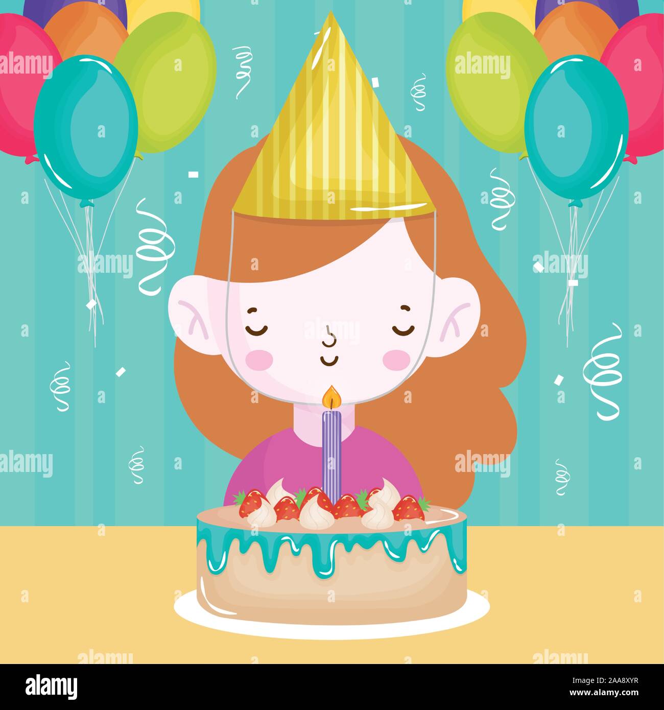 happy birthday girl with cake candle balloons confetti vector