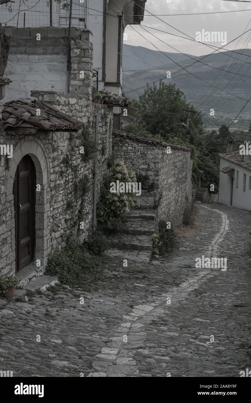 Narrow street, Berati, Albania Stock Photo