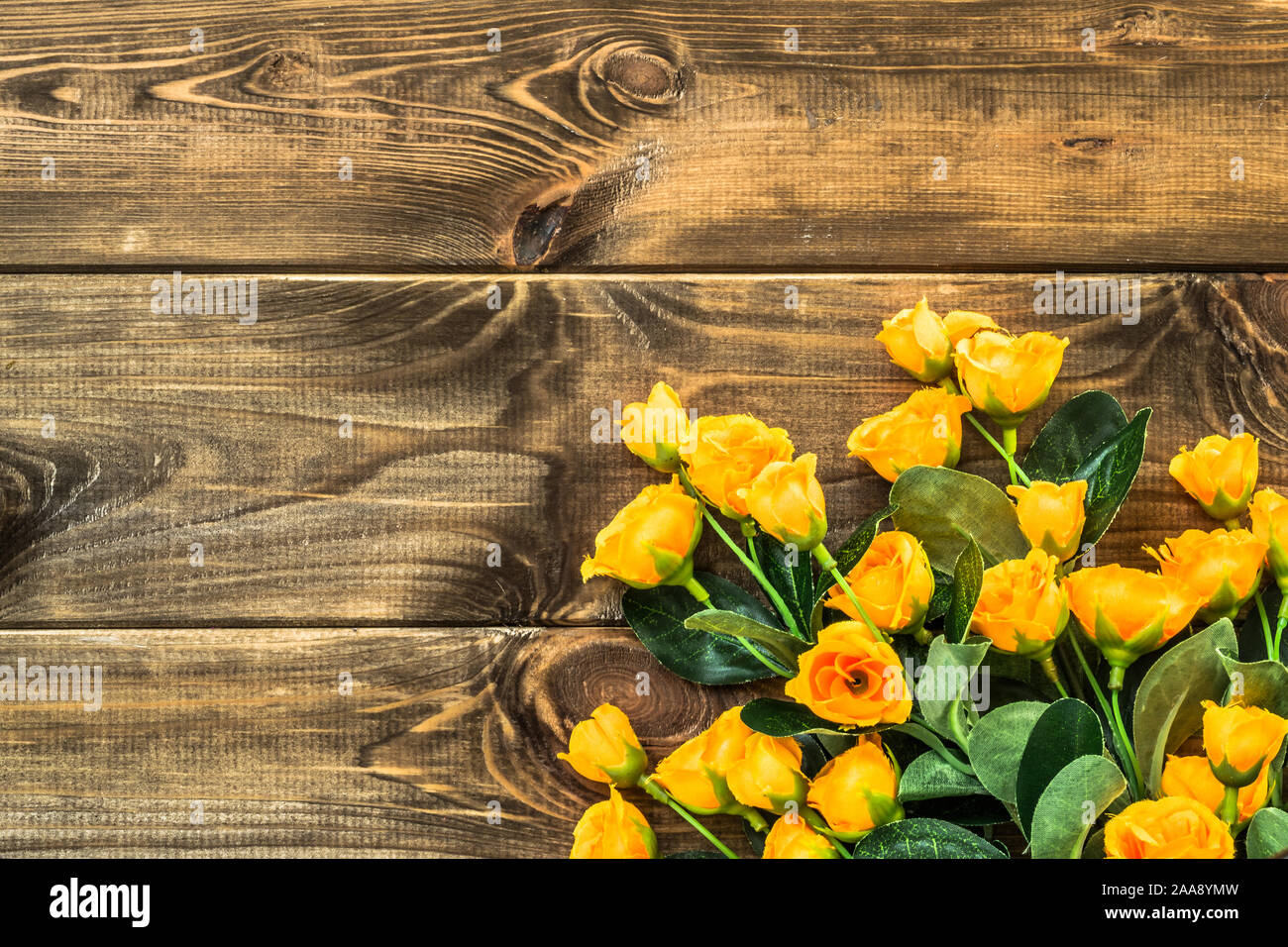 Beautiful roses, overhead on wooden background, flowers frame, floral