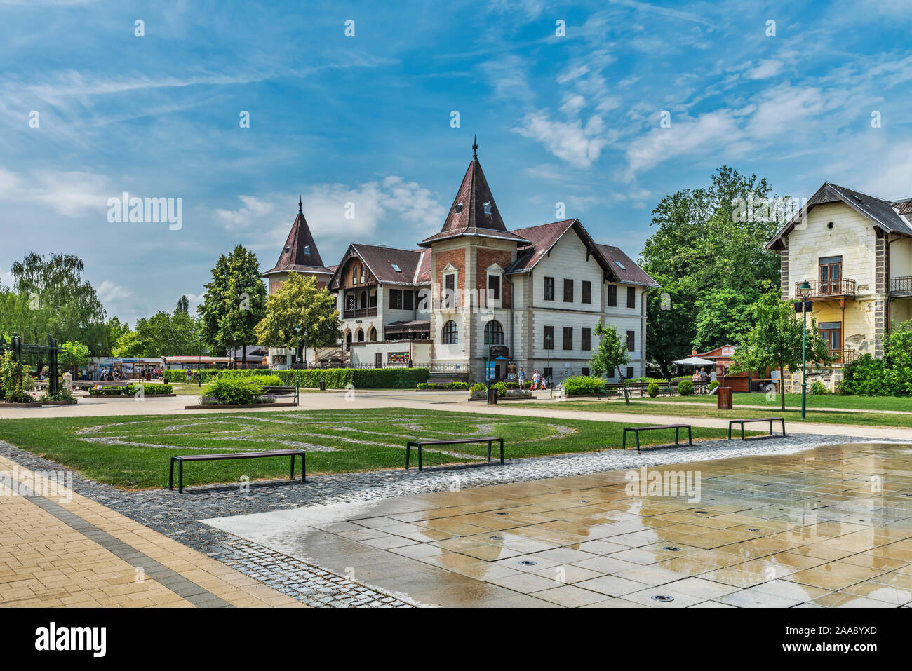 Hotel Hullam was opened in 1894. Next to it is the Hotel Balaton, it was opened in 1895, Keszthely, Zala county, Western Transdanubia, Hungary, Europe Stock Photo