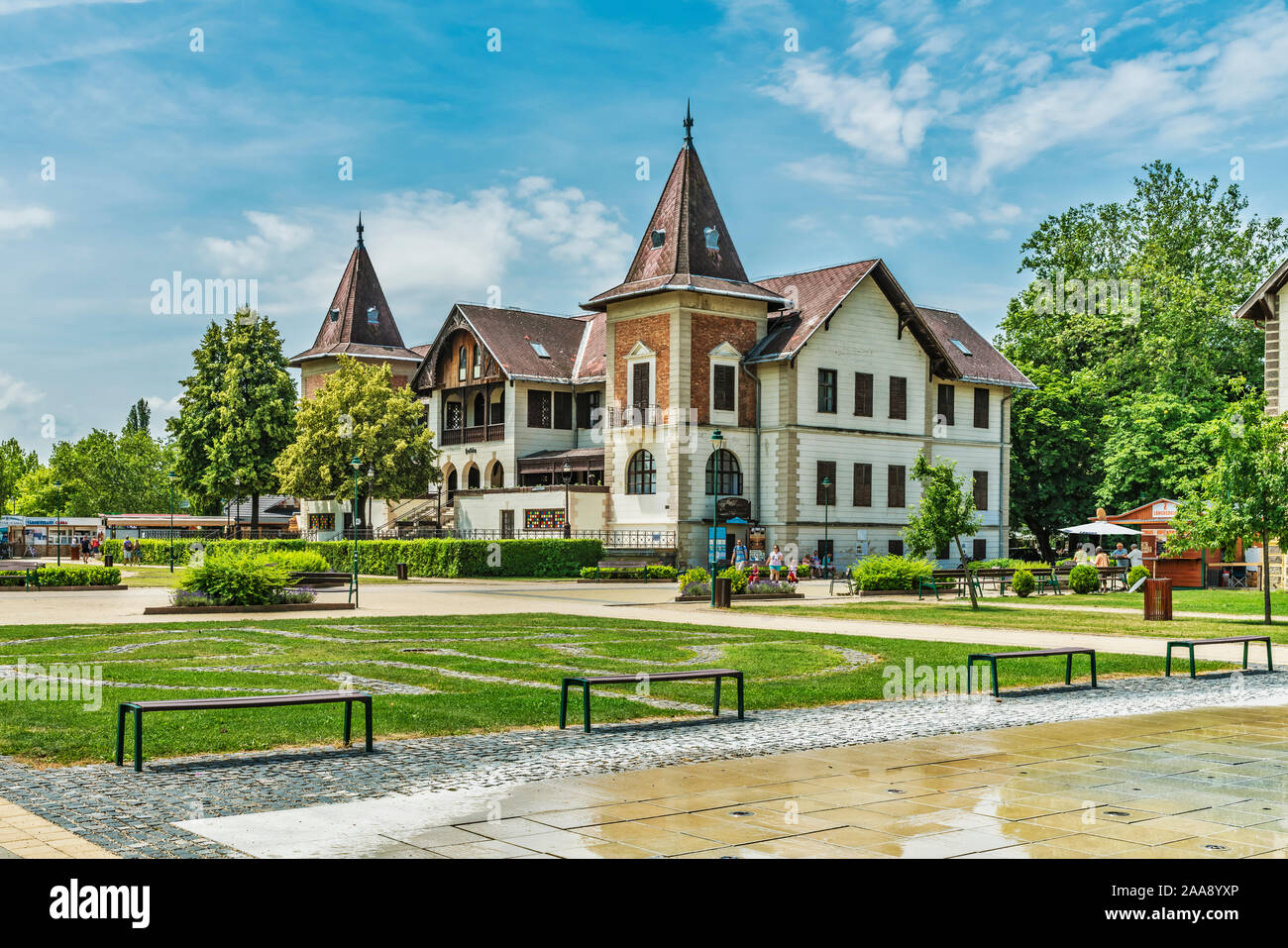 Hotel Hullam was opened in 1894. The Hotel is located on the shores of Lake Balaton in Keszthely, Zala county, Western Transdanubia, Hungary, Europe Stock Photo