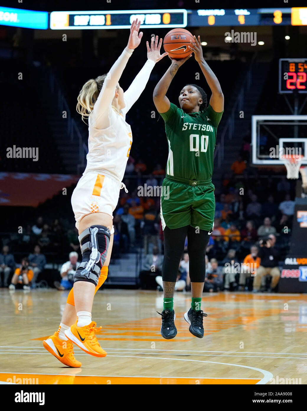 November 18, 2019: Day'Neshia Banks #00 of the Stetson Hatters shoots the  ball over Lou Brown #21 of the Tennessee Lady Vols during the NCAA  basketball game between the University of Tennessee