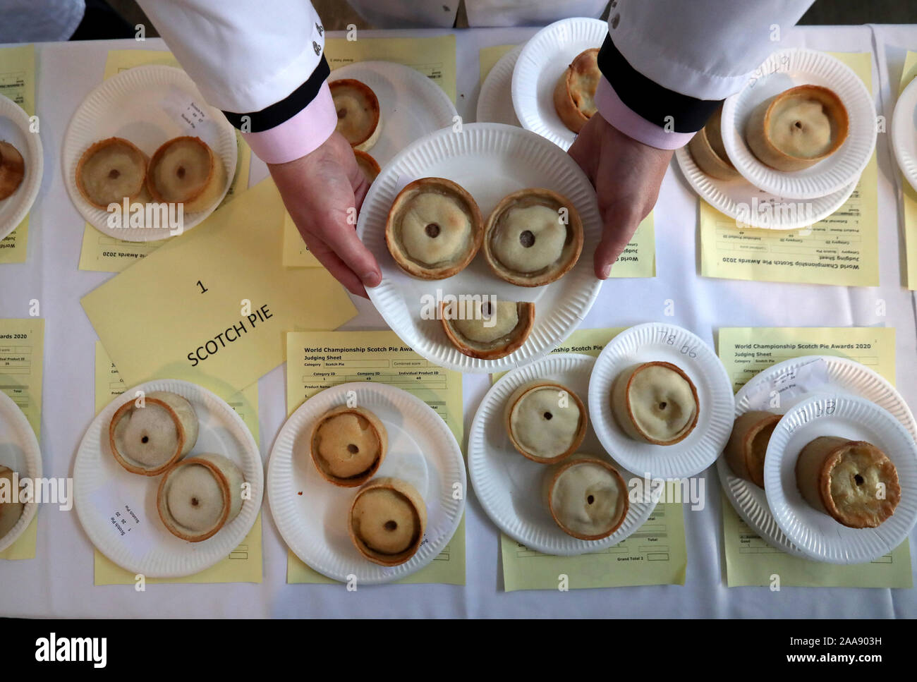 Scotch pies during judging at the 2020 World Scotch Pie Championship at Carnegie Conference Centre, Dunfermline. Stock Photo