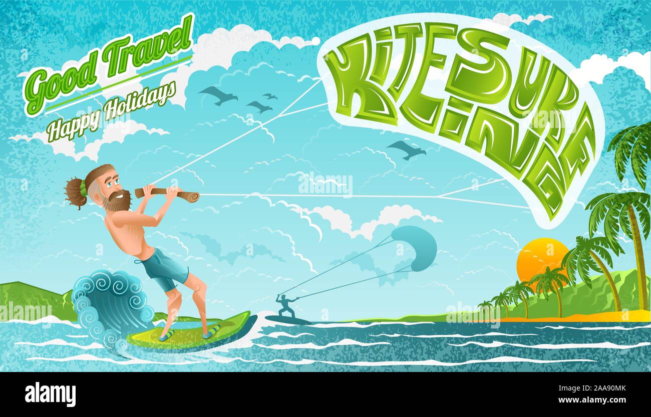 Beard man character riding on kiteboard beside island. Bright illustration in flat cartoon style Stock Vector