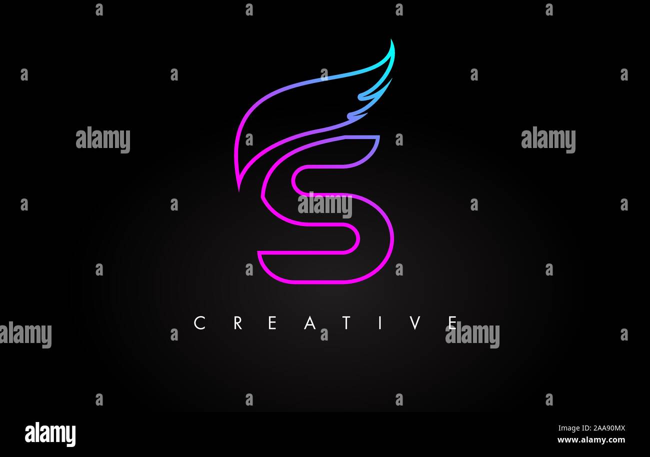 Neon S Letter Logo Icon Design with Creative Wing in Blue Purple ...
