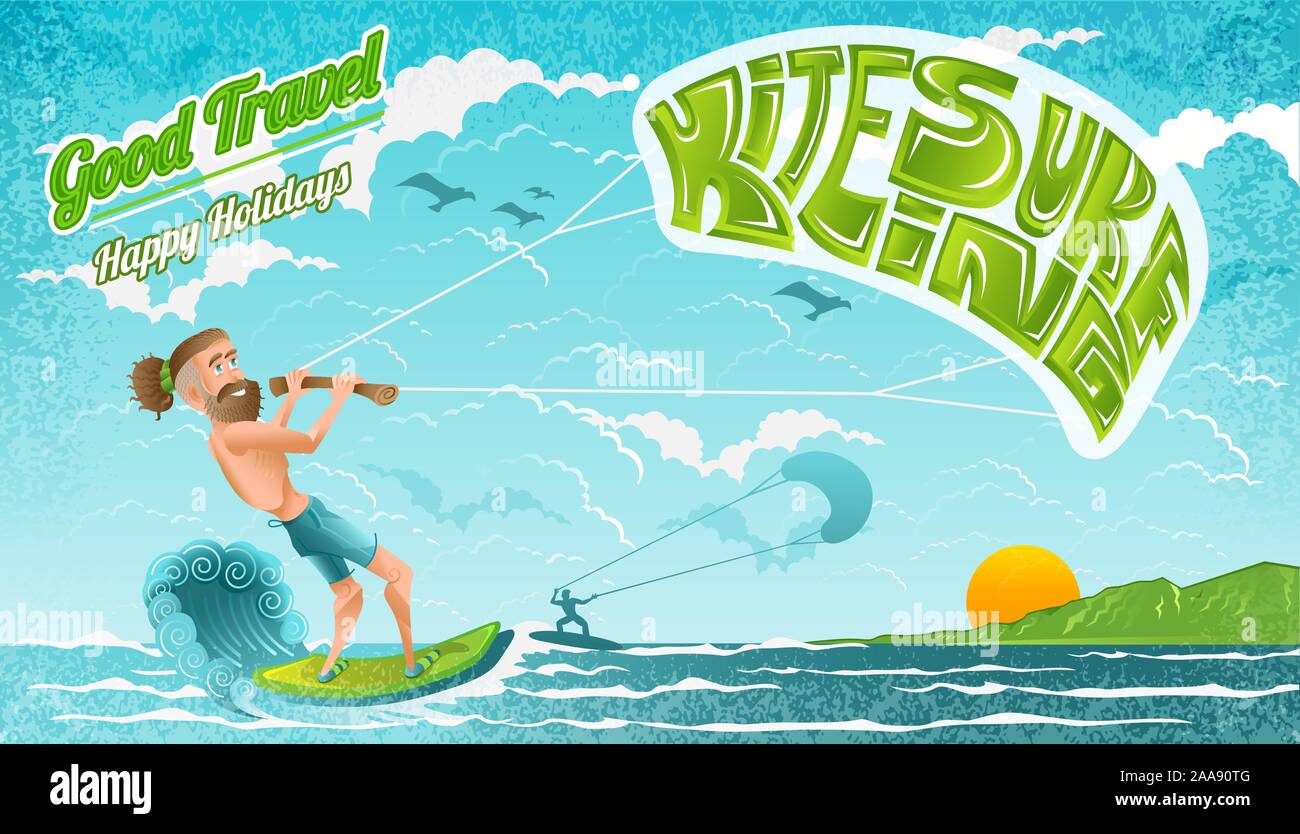 Beard man character riding on kiteboard. Bright illustration in flat cartoon style Stock Vector