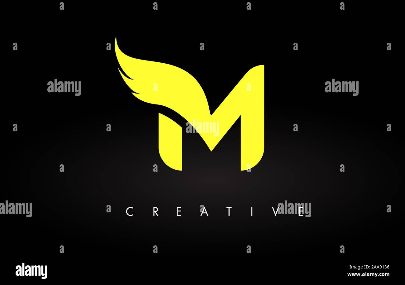 Letter M logo Icon with Yellow Colors and Wing Design Vector on Black ...
