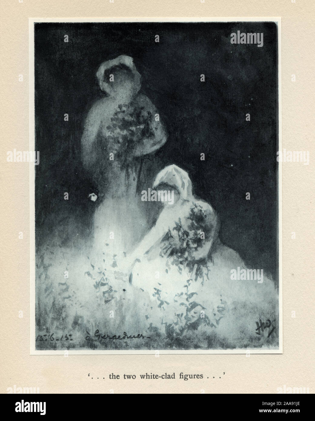 World Ward One, Ghostly figures of women laying flowers at a soldier grave, 1915. .. the two white-clad figures Mr Poilu, by Herbert Ward. Stock Photo