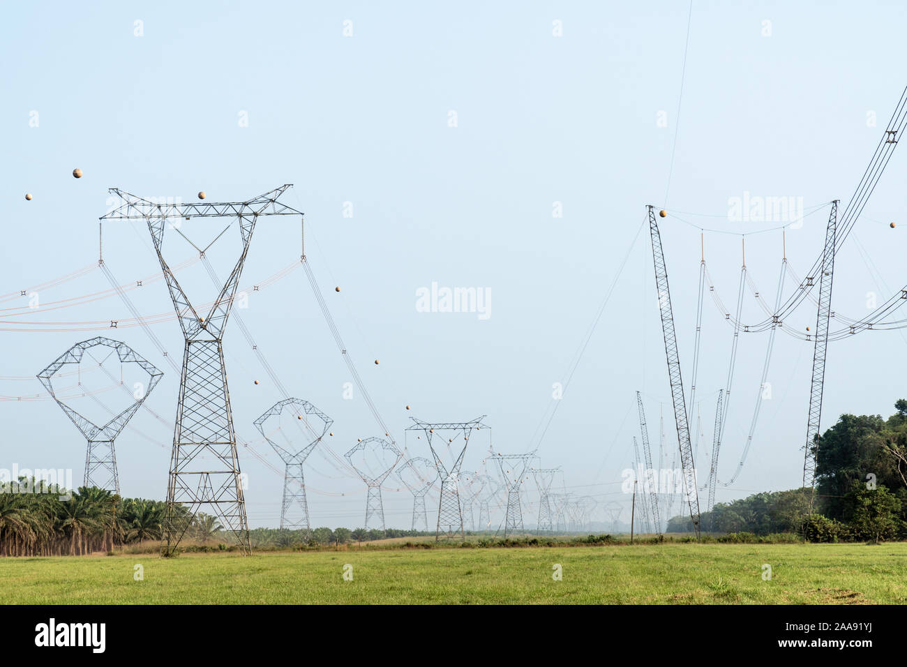 View of high electric voltage transmission tower, power pylon poles and electrical distribution substation on Amazon rainforest, Amazonas, Brazil. Stock Photo