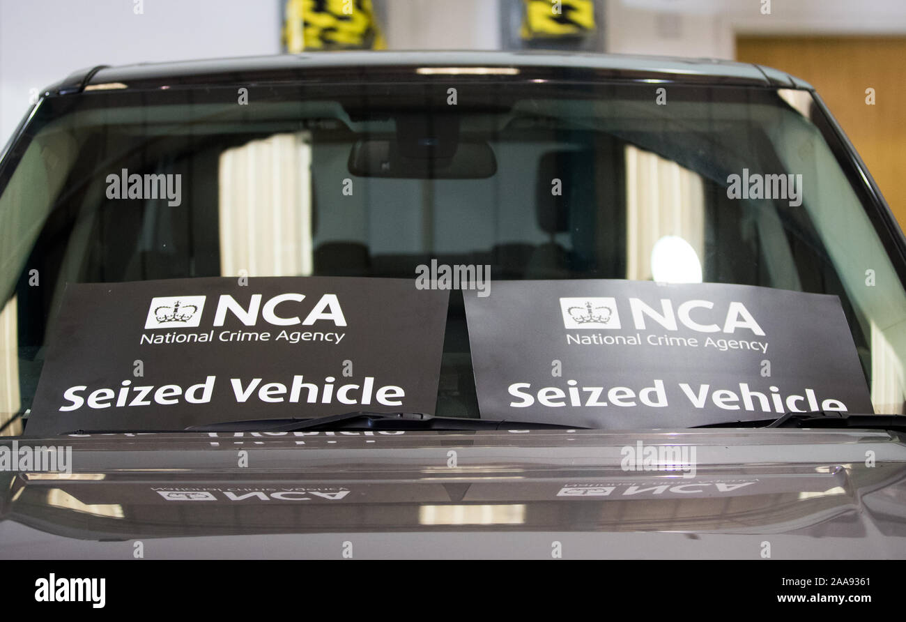 A National Crime Agency seized vehicle sign on the windscreen of a ...