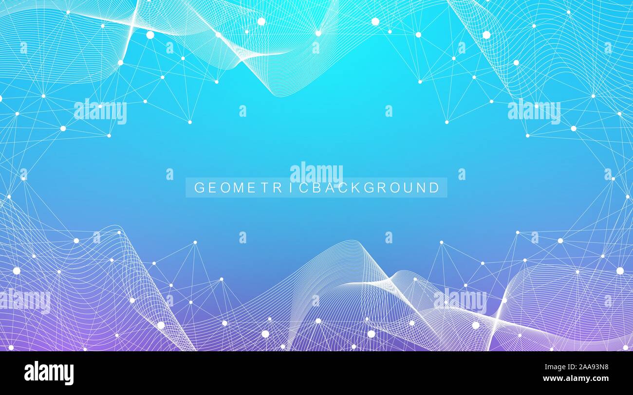 Geometric abstract background with connected line and dots. Network and connection background for your presentation. Graphic polygonal background. Wav Stock Vector