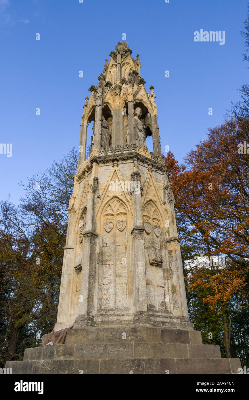 Eleanor Cross, Hardingstone, Northampton, UK; a 13th century ancient monument unveiled in November 2019 after a seven month renovation project. Stock Photo