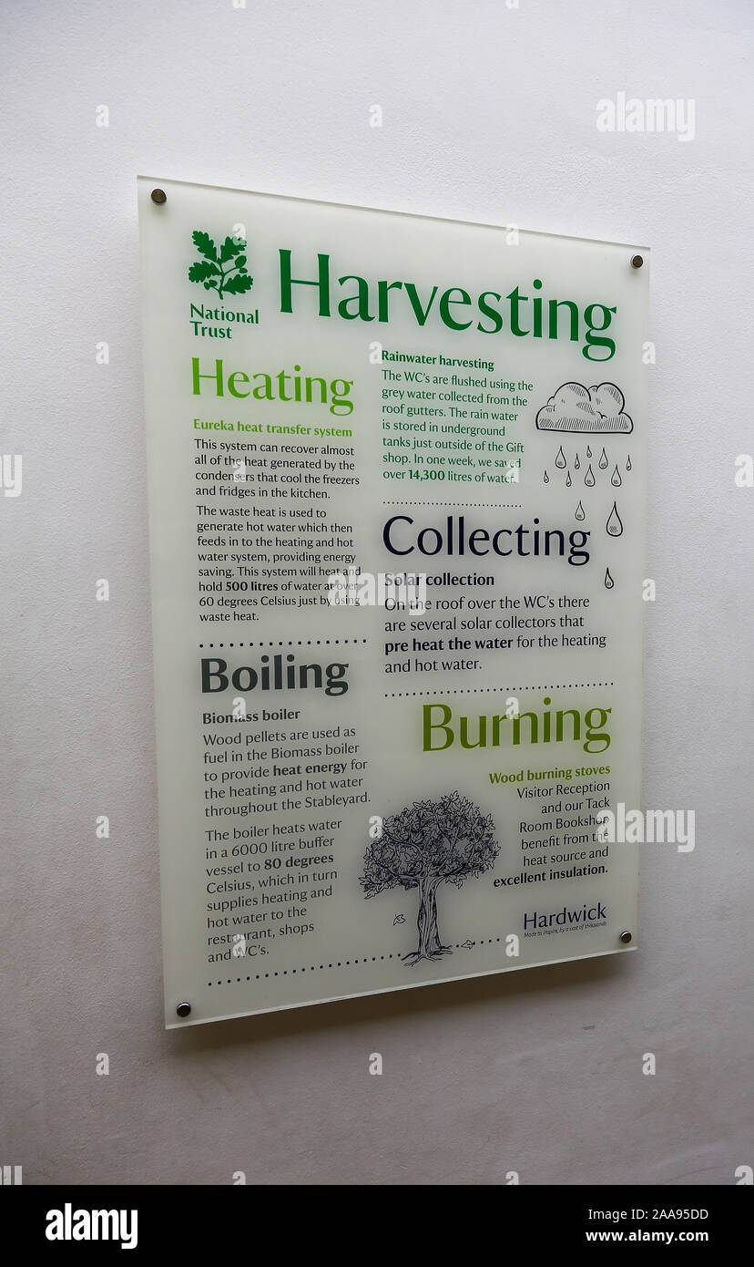 A National Trust sign outlining environmental measures at Hardwick Hall, an Elizabethan country house near Chesterfield, Derbyshire, England, UK Stock Photo