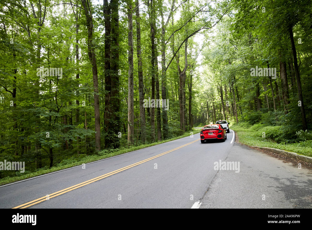 cars driving along parkway us 441 highway route through great smoky mountains national park usa Stock Photo