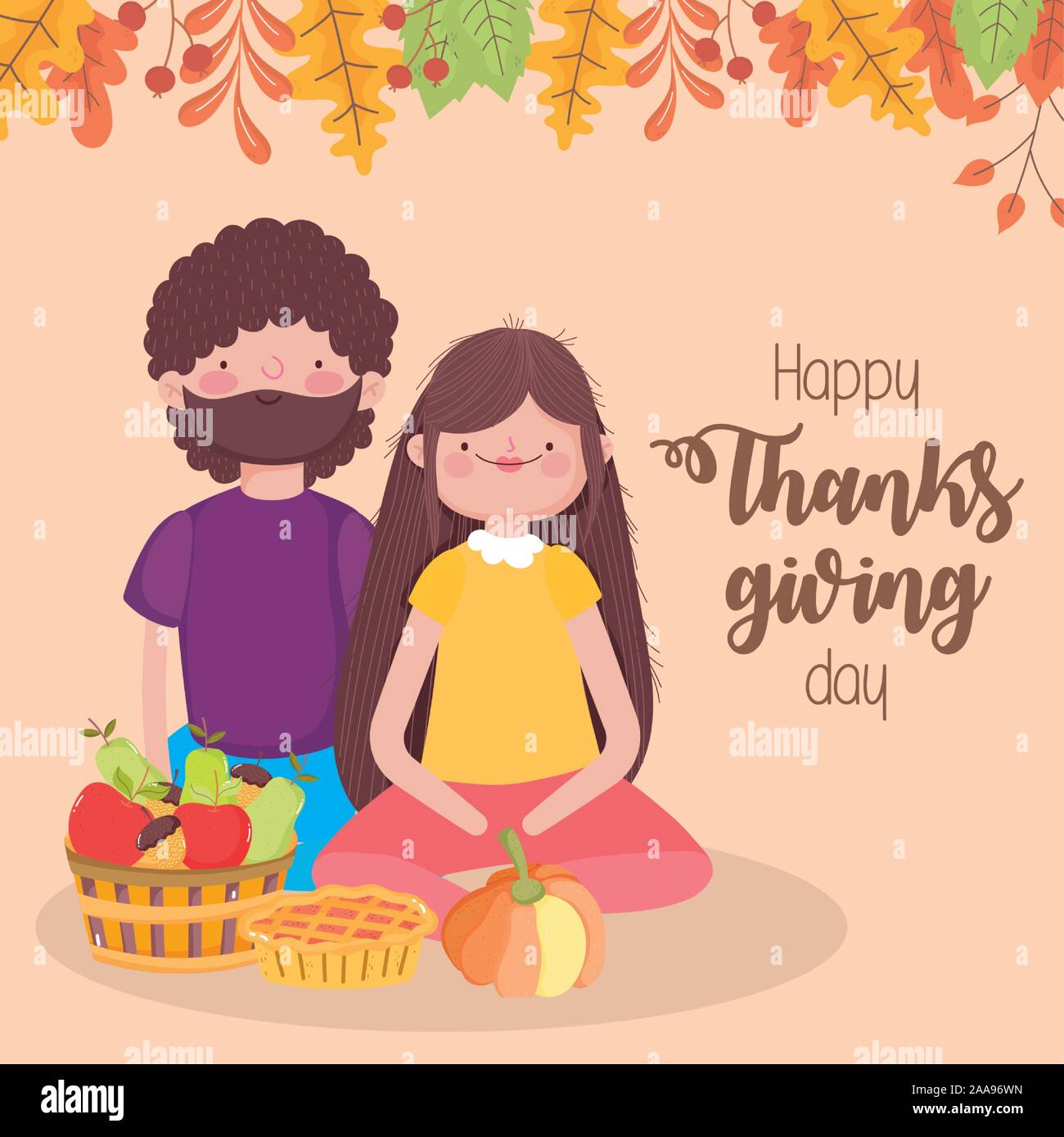 happy thanksgiving day couple with pie pumpkin basket and fruits vector ...