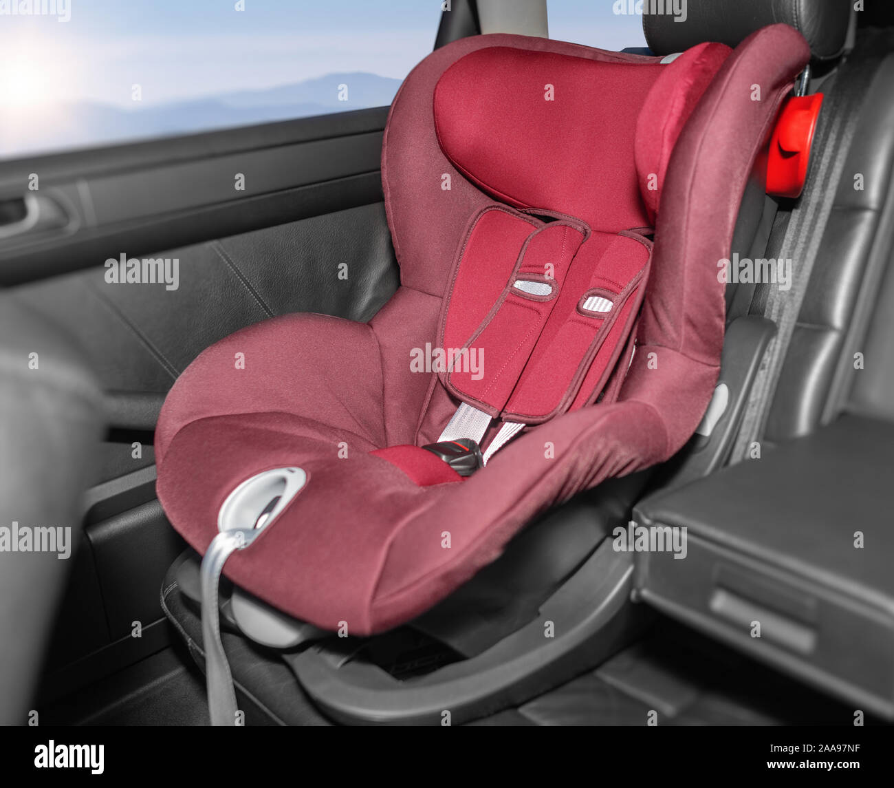 Children's car seat in the car. Stock Photo