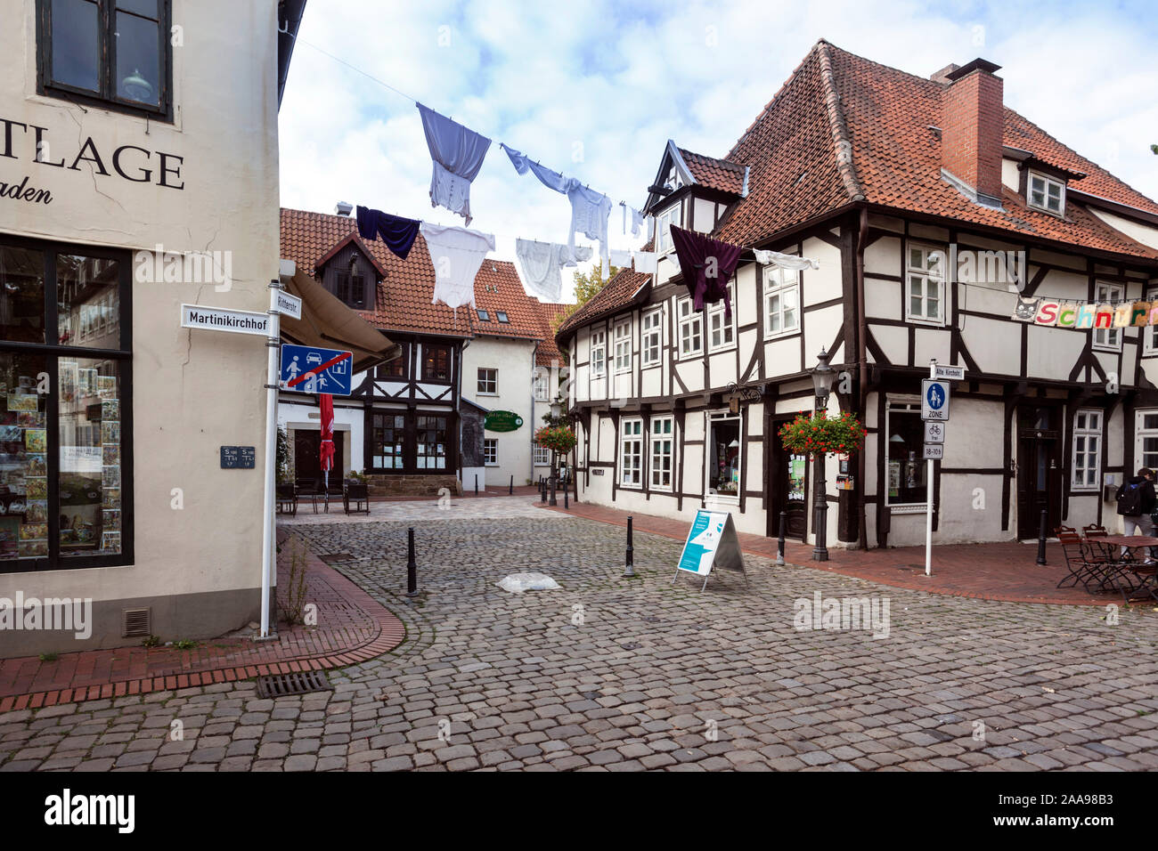 Medieval city center with half-timbered houses and alleyways in Minden Stock Photo