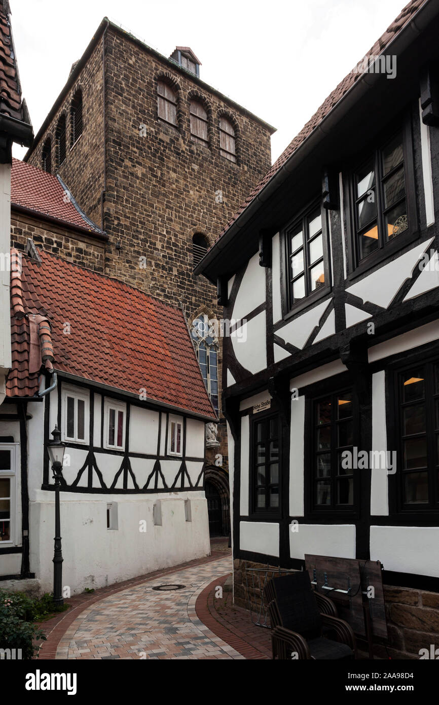 Medieval city center with half-timbered houses and alleyways in Minden Stock Photo