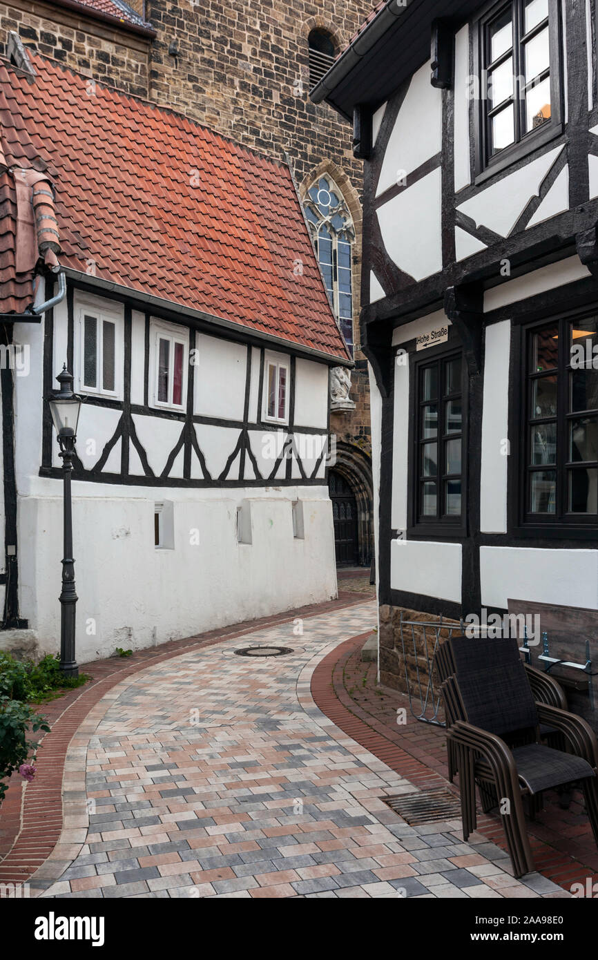 Medieval city center with half-timbered houses and alleyways in Minden Stock Photo