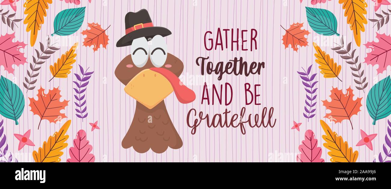 happy thanksgiving day greeting card turkey with hat foliage vector ...