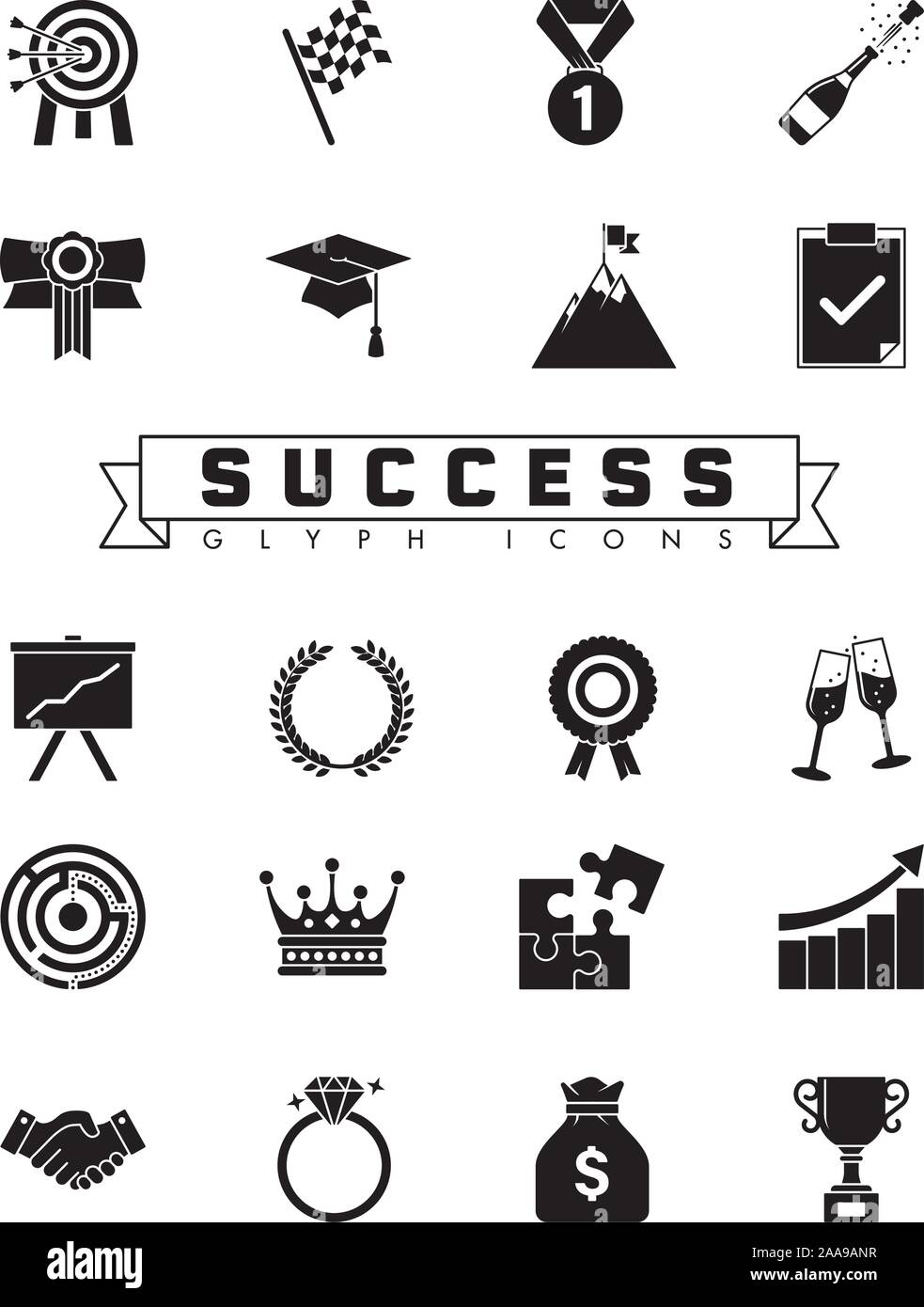 Collection of success concept icons vector illustration like awards, champagne, upward graphs and solved puzzles. Black vector symbols. Stock Vector