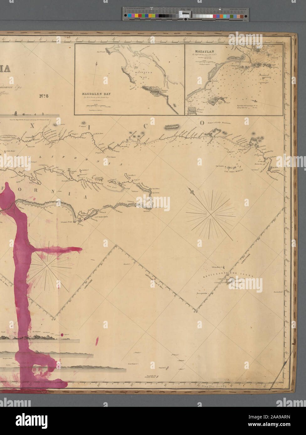 Relief shown by hachures and spot heights; depths shown by soundings. Covers the coast from Trinidad Bay, north of San Francisco, to Cape Corrientes, south of San Blas. Scale [ca. 1:1,950,000] (W 131⁰--W 102⁰/N 42⁰--N 16⁰) Inset maps: Entrance of San Francisco Harbour. Scale [ca. 1:62,000] -- Harbour of San Francisco / by Captn. F.W. Beechey, R.N., F.R.S. Scale [ca. 1:400,000] -- Bay of Monterey / by M. de Tessan of the French Navy. Scale [ca. 1:140,000] -- Guaymas / by M. de Fisquet of the French Navy. Scale [ca. 1:150,000] -- Magdalen Bay / by M. de Tessan of the French Navy. Scale [ca. 1:43 Stock Photo