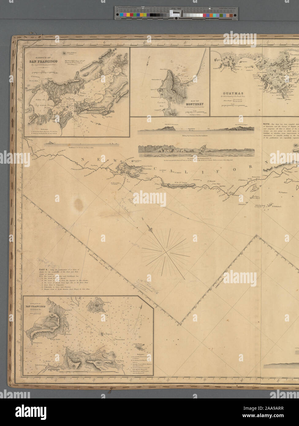 Relief shown by hachures and spot heights; depths shown by soundings. Covers the coast from Trinidad Bay, north of San Francisco, to Cape Corrientes, south of San Blas. Scale [ca. 1:1,950,000] (W 131⁰--W 102⁰/N 42⁰--N 16⁰) Inset maps: Entrance of San Francisco Harbour. Scale [ca. 1:62,000] -- Harbour of San Francisco / by Captn. F.W. Beechey, R.N., F.R.S. Scale [ca. 1:400,000] -- Bay of Monterey / by M. de Tessan of the French Navy. Scale [ca. 1:140,000] -- Guaymas / by M. de Fisquet of the French Navy. Scale [ca. 1:150,000] -- Magdalen Bay / by M. de Tessan of the French Navy. Scale [ca. 1:43 Stock Photo