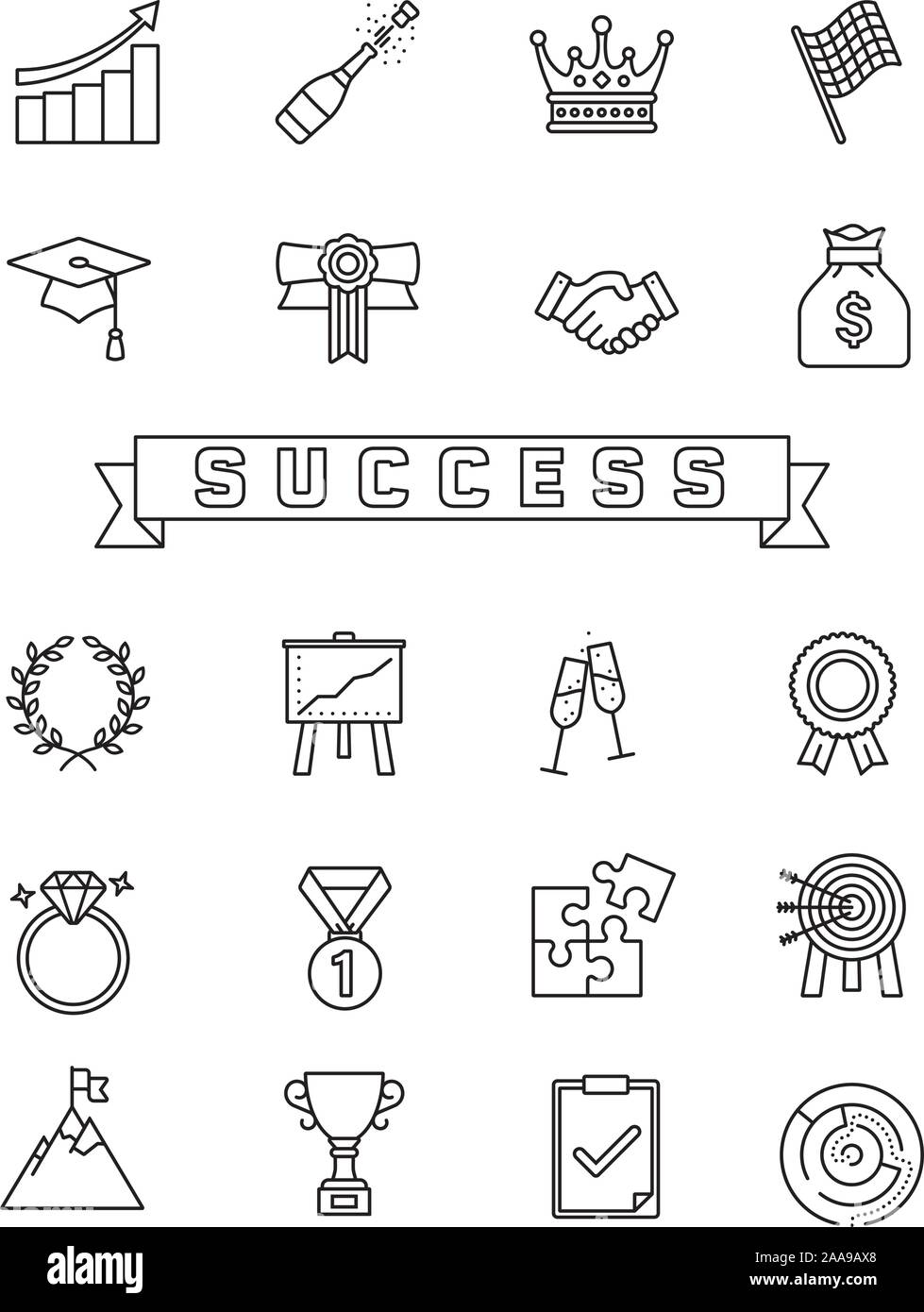 Collection of success concept line icons like awards, champagne, target and mortarboard. Outline vector symbols illustration. Stock Vector