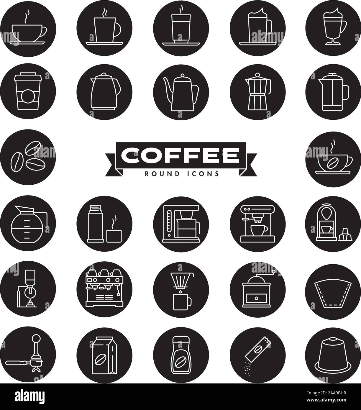 Coffee vector round icons set. Collection of symbols related to coffee preparation and drinking. Stock Vector
