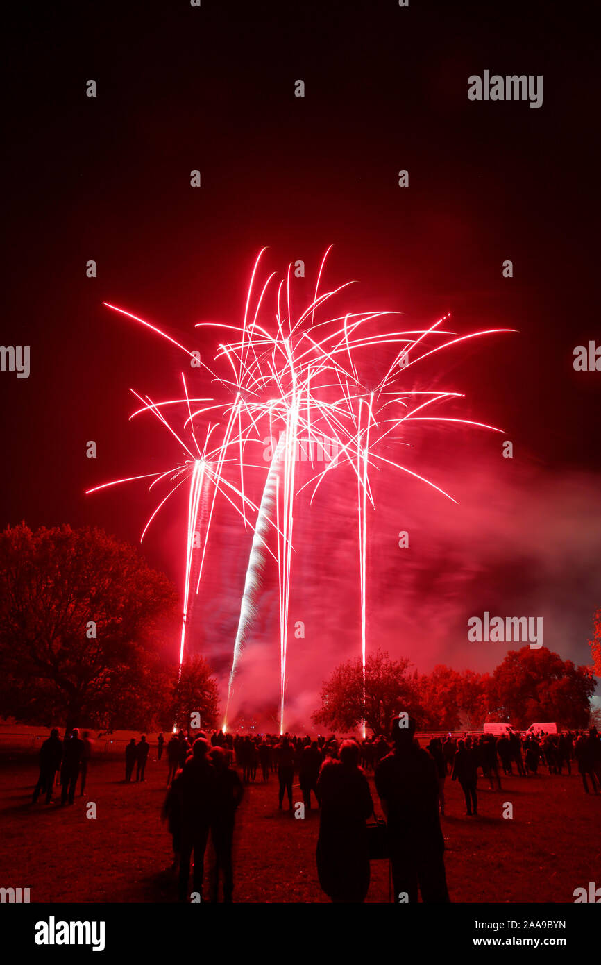 Fireworks display at Harlow Town Park Essex, there are people in the image, but they are silhouetted and unidentifiable Stock Photo