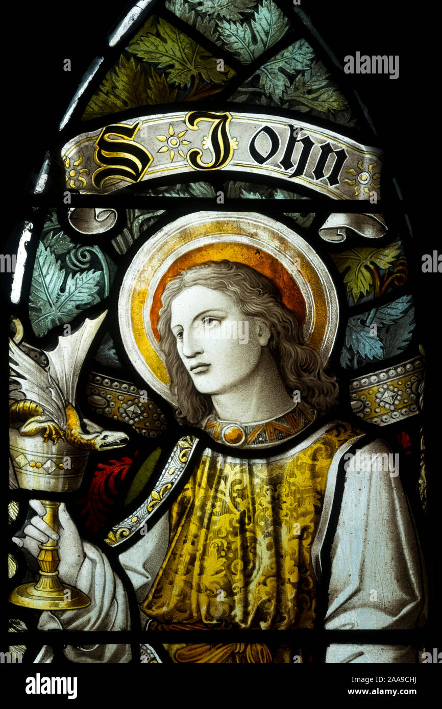 Saint John stained glass, St. Mary the Virgin Church, Staverton, Northamptonshire, England, UK Stock Photo