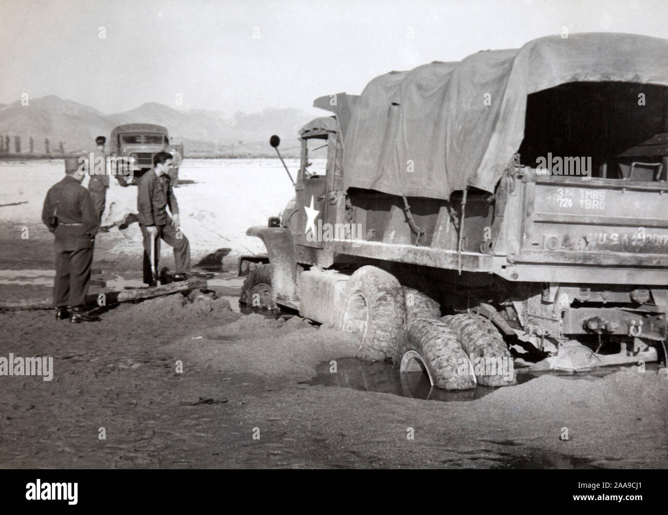 US Army truck stuck in the mud in Korean War, ca. 1953. Stock Photo