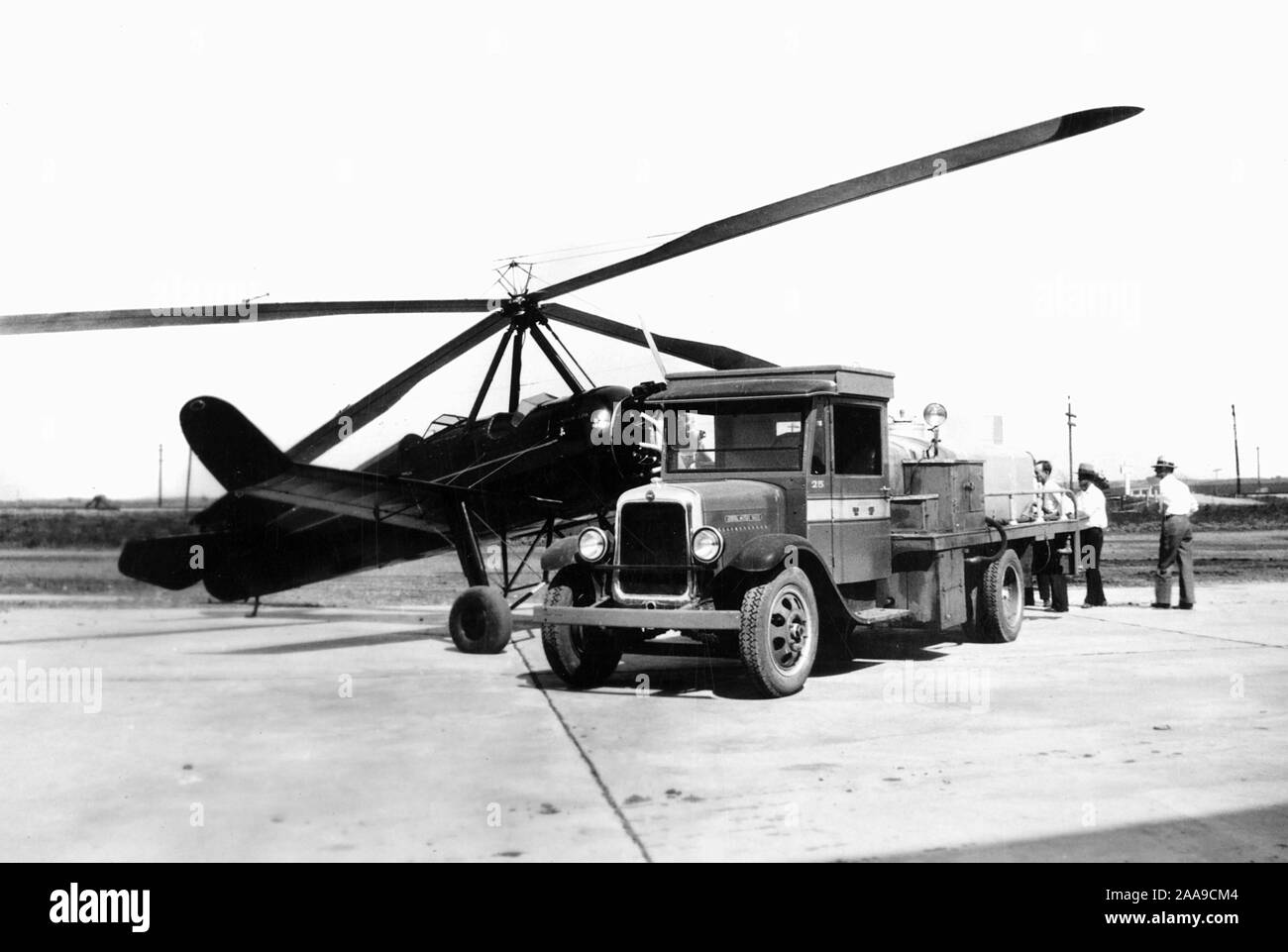Shown is an early fixed wing hybrid helicopter in the 1930s.  Probably a version of a Pitcairn PCA-2 Stock Photo