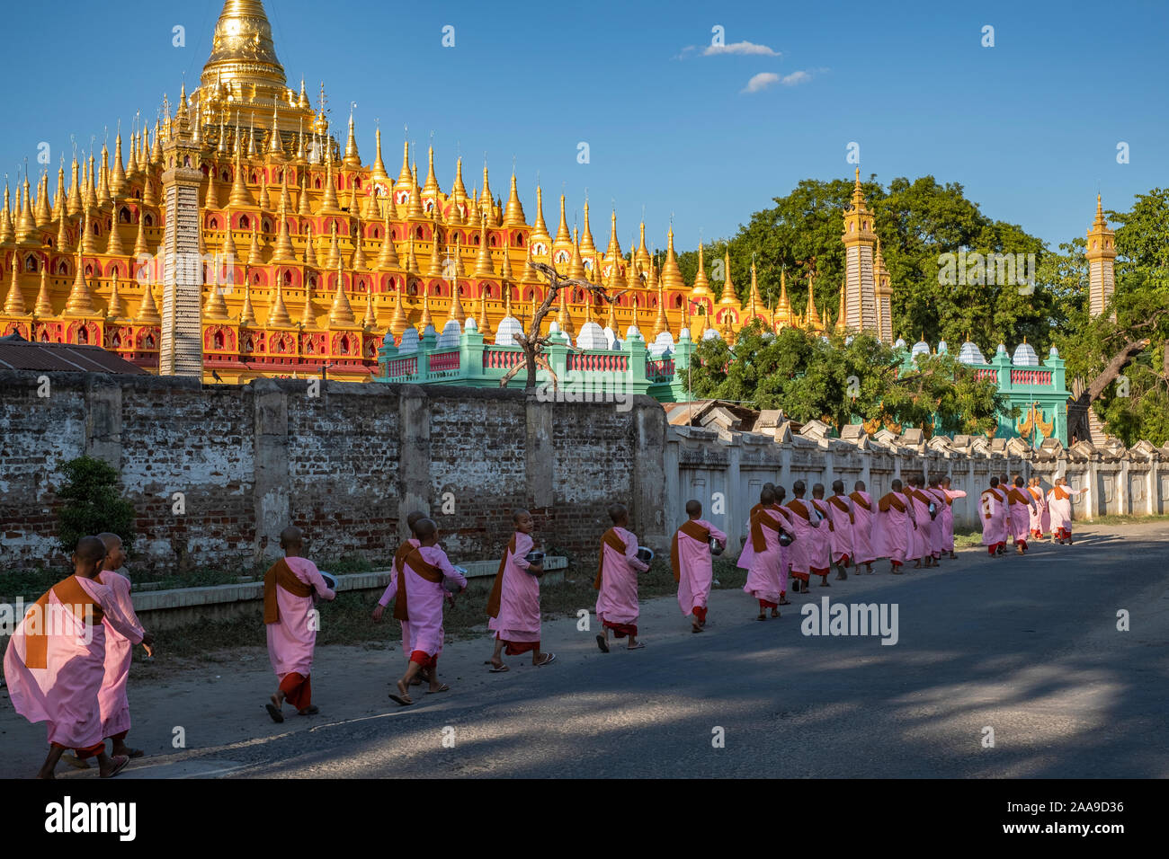 A procession of Buddhist nuns dressed in pink robes head to the Thanboodi (Moe Hnyin Than Boaddai) Temple in Monywa, Myanmar (Burma) for prayers. Stock Photo