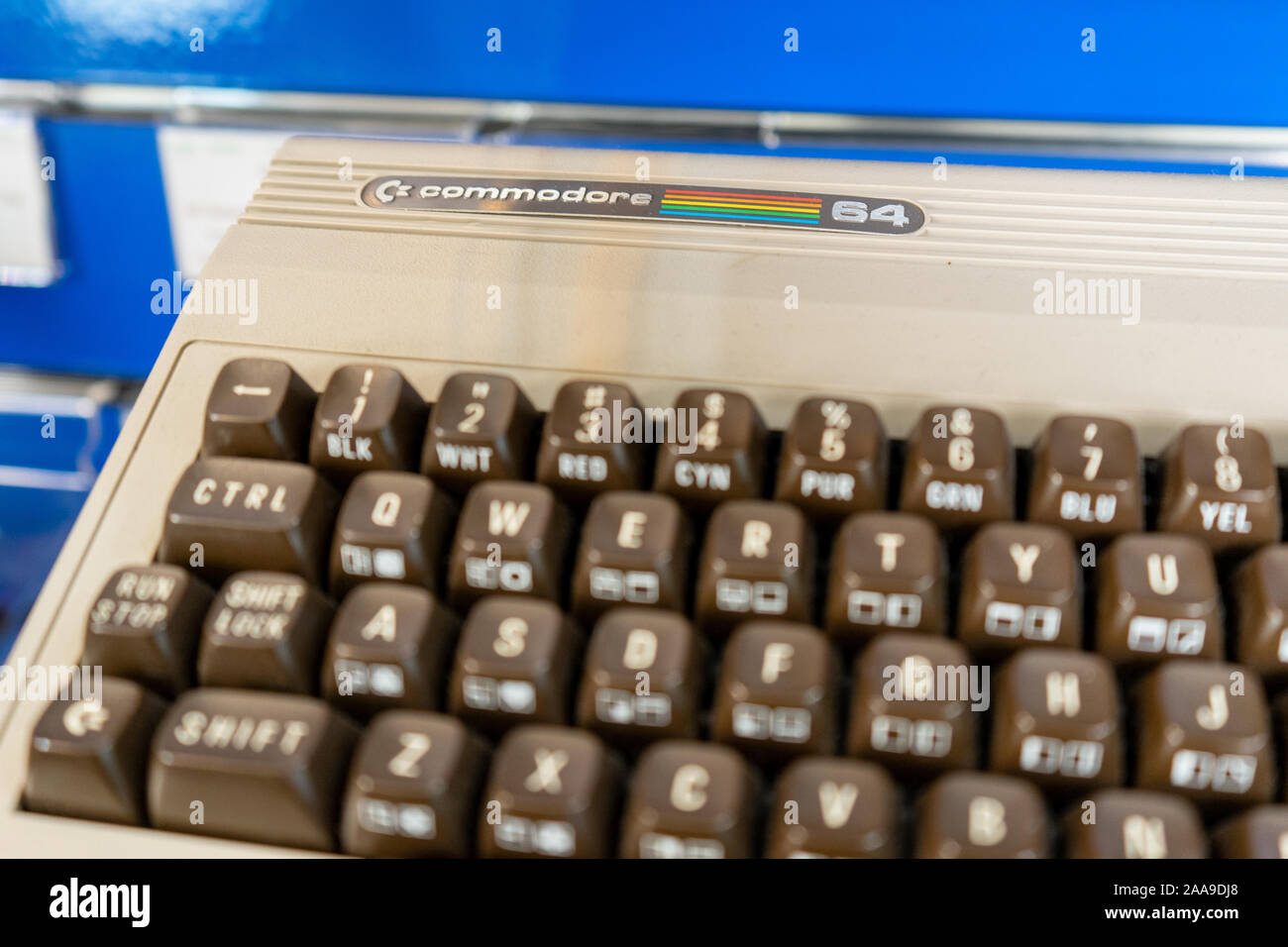 A close up of the keyboard on a commodore 64 computer from the 1980's Stock Photo