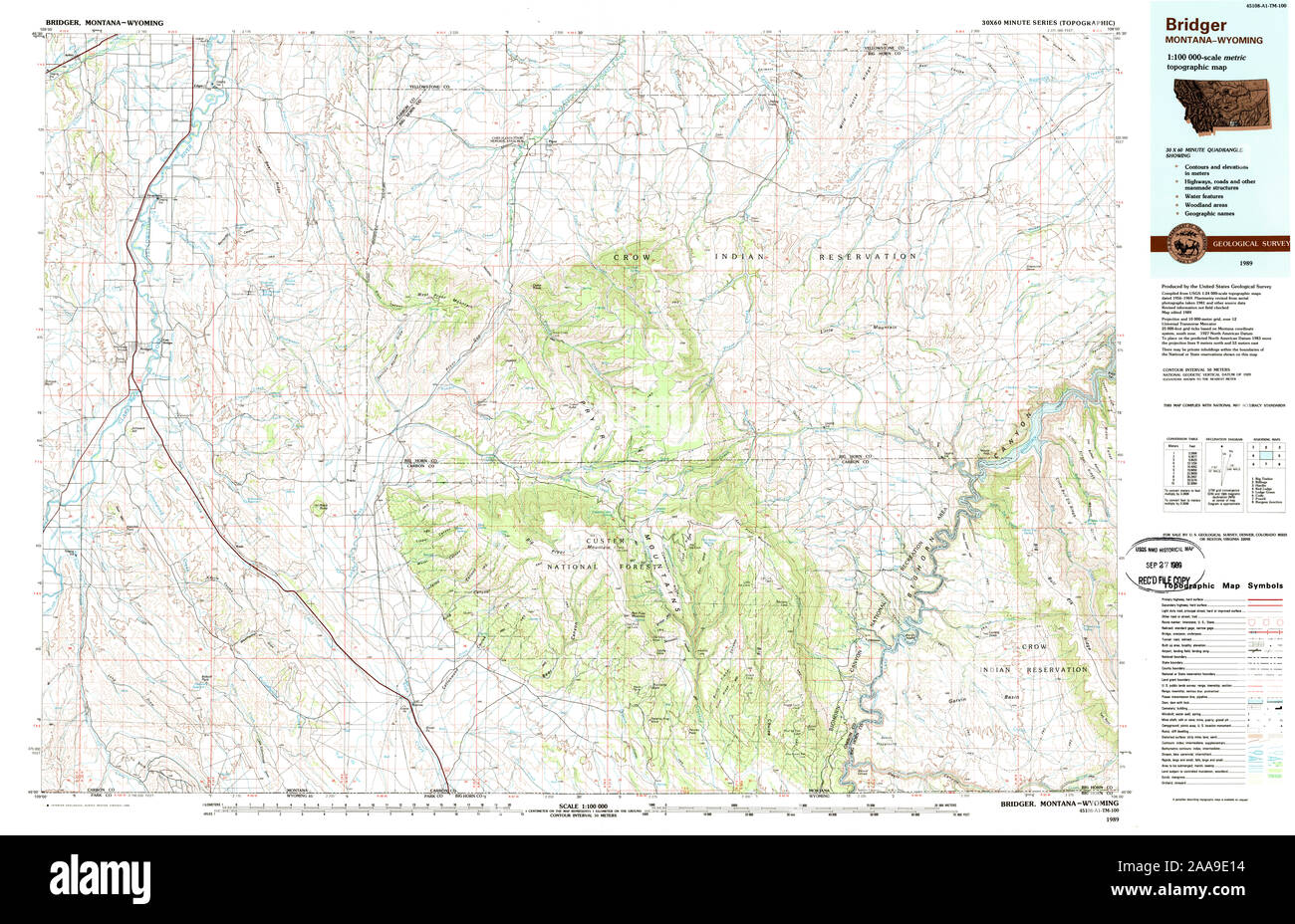 USGS TOPO Map Montana MT Bridger 268382 1989 100000 Restoration Stock