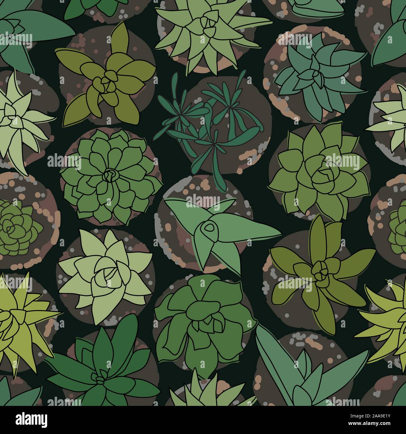 Green Succulents in Pots top-view Vetor Drawing Seamless Pattern Stock Vector