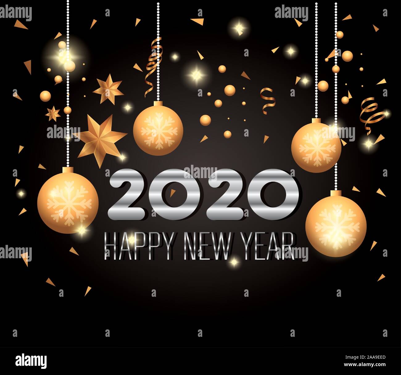 poster of happy new year 2020 with decoration balls hanging Stock ...