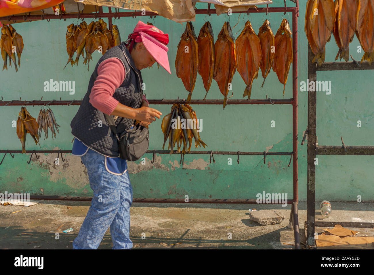 dried fish stall, Balykchy, Kyrgyzstan Stock Photo