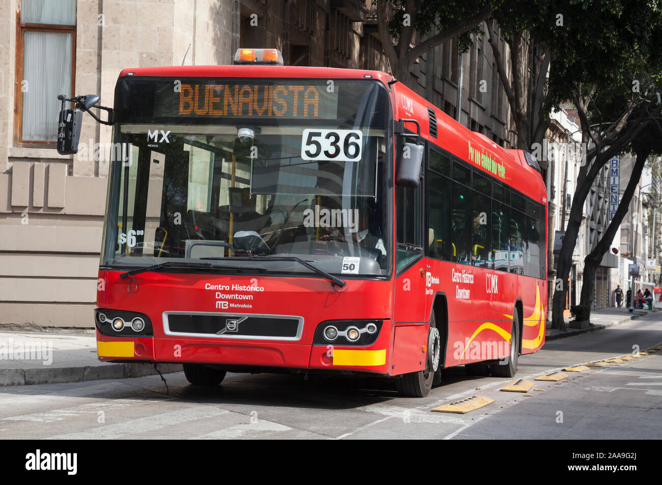 Metrobús in city streets of Mexico City. Metrobús a rapid transit bus system that has served Mexico City since June 2006. Stock Photo
