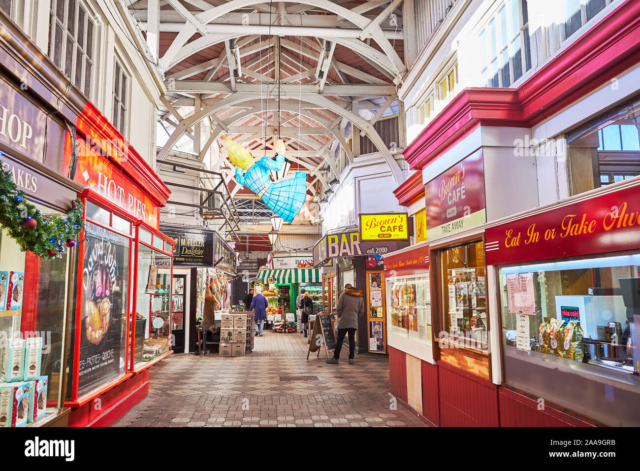 The indoor covered market at christmastime 2019, Oxford, England, with an Alice in Wonderland theme. Stock Photo