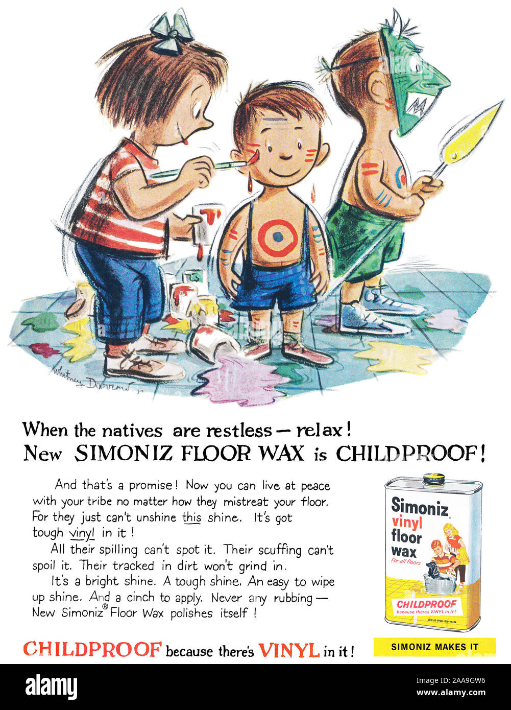 1959 U.S. advertisement for Simoniz vinyl floor wax, illustrated by cartoonist Whitney Darrow Jr. Stock Photo