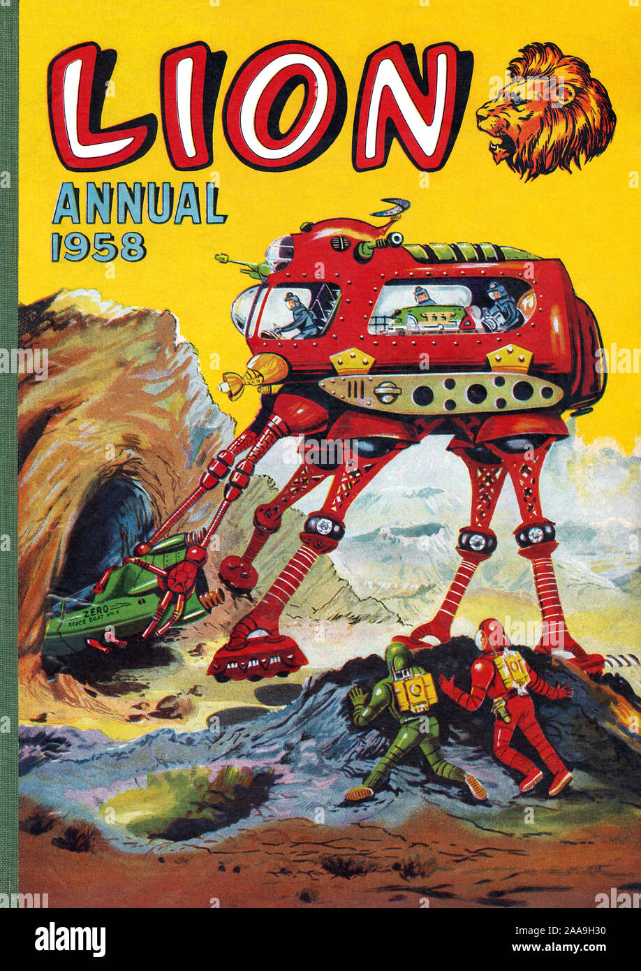 Vintage front cover of the British 1958 Lion comic book annual, published by Fleetway. Stock Photo